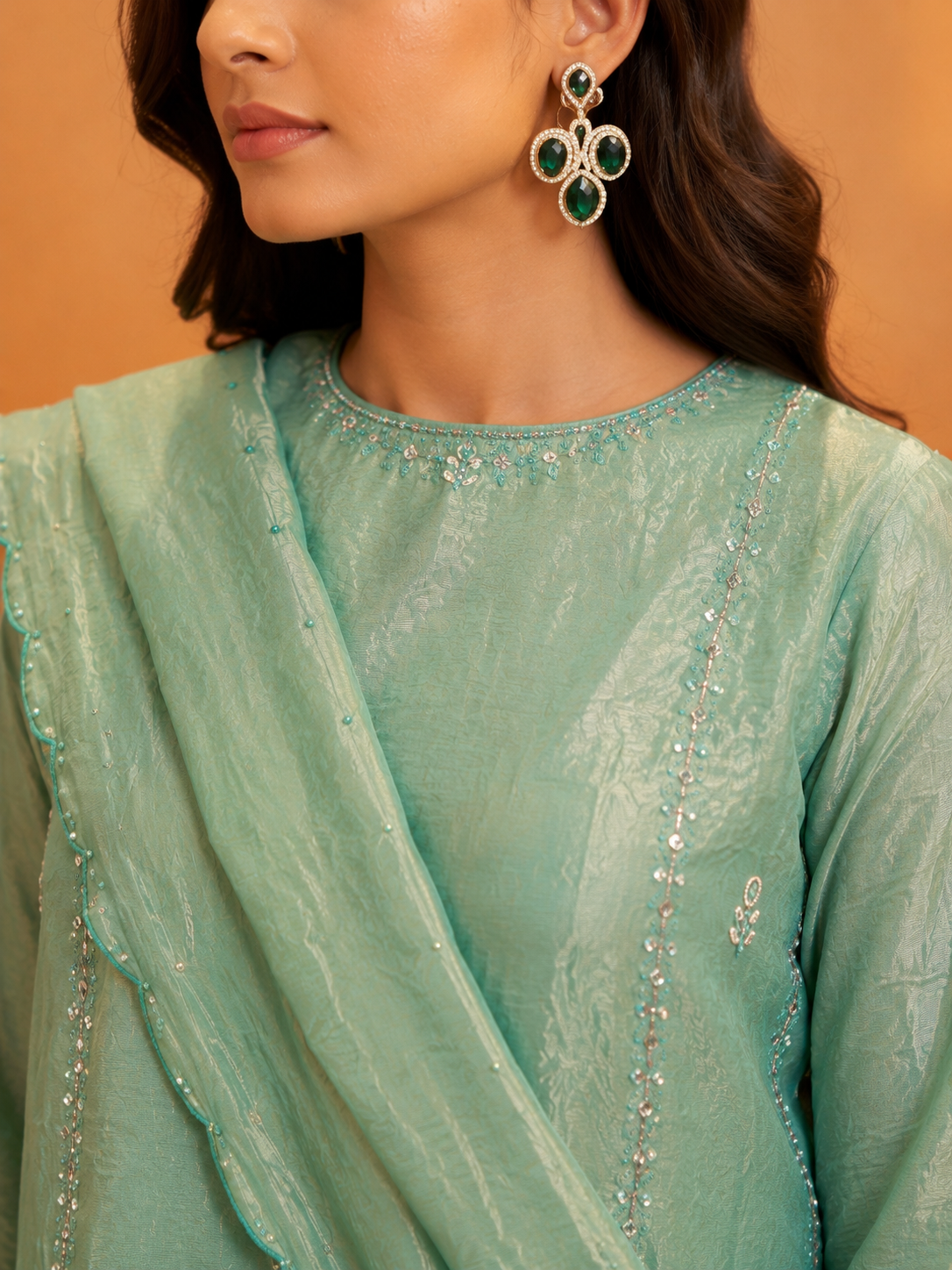 Sea Green Tissue Crush Divider Suit with Short Kurta | Heavy Beads work