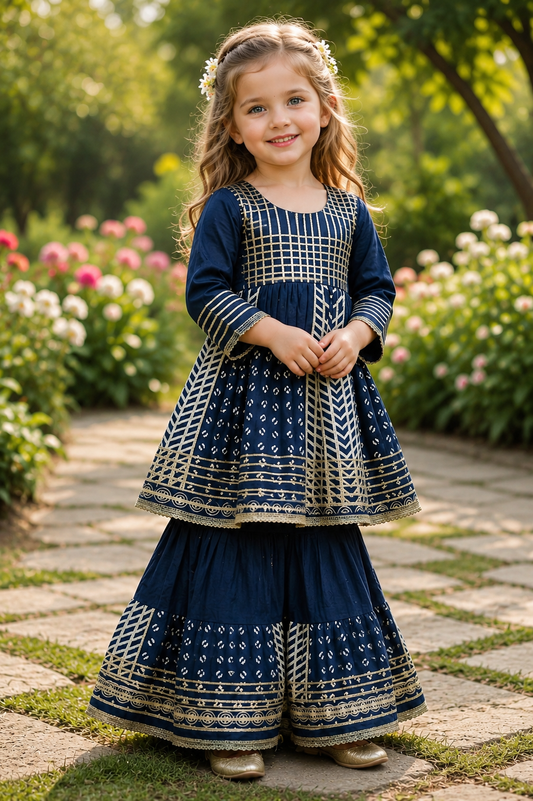 Girls Navy Blue Cotton Silver Gota Embellished Sharara Kurta Set