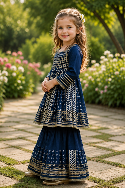 Girls Navy Blue Cotton Silver Gota Embellished Sharara Kurta Set