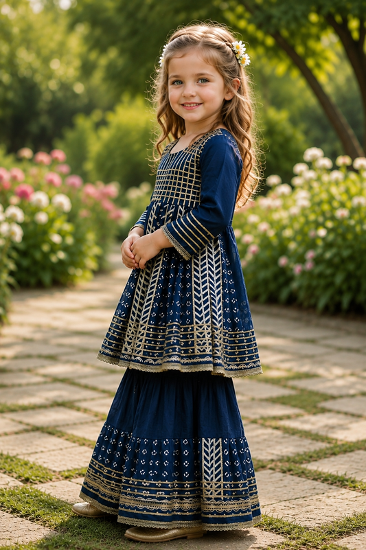 Girls Navy Blue Cotton Silver Gota Embellished Sharara Kurta Set
