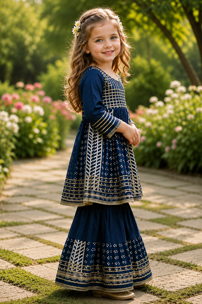 Girls Navy Blue Cotton Silver Gota Embellished Sharara Kurta Set
