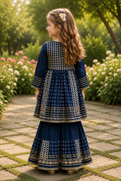 Girls Navy Blue Cotton Silver Gota Embellished Sharara Kurta Set