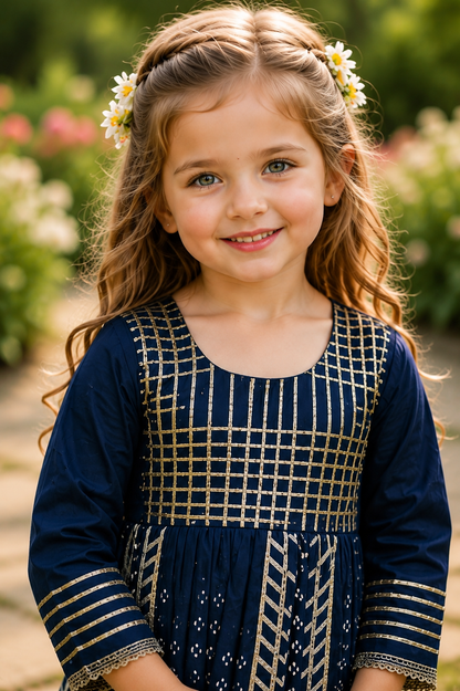 Girls Navy Blue Cotton Silver Gota Embellished Sharara Kurta Set