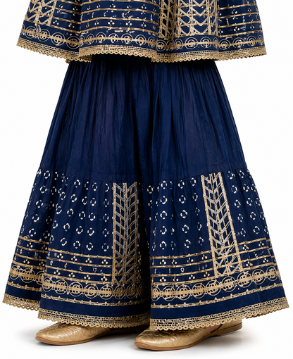 Girls Navy Blue Cotton Silver Gota Embellished Sharara Kurta Set