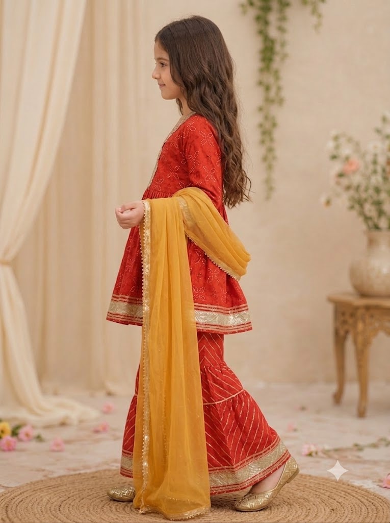 Girls Cotton Peplum Kurti with Sharara & Dupatta – Red, Gold Border