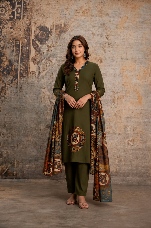 Mehndi Green Straight Kurta Set with Printed Dupatta