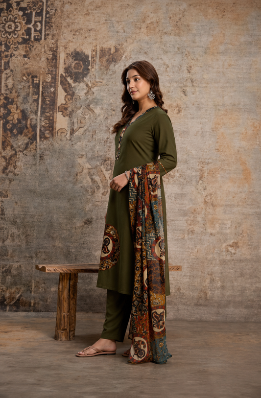 Mehndi Green Straight Kurta Set with Printed Dupatta