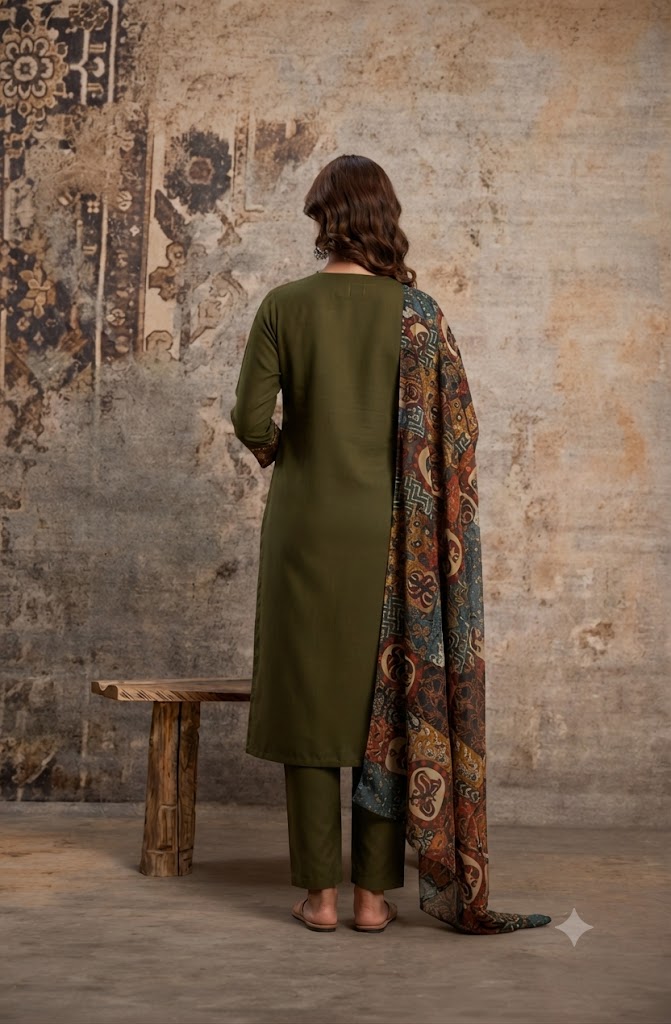 Mehndi Green Straight Kurta Set with Printed Dupatta