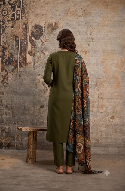 Mehndi Green Straight Kurta Set with Printed Dupatta