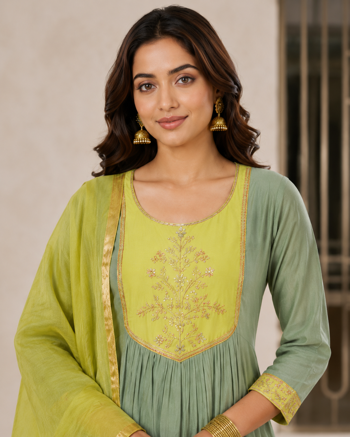 Pista Green Mul Chanderi 3 Piece A-Line Kurta Set – Handwork Embroidered Yoke with Pants and Dupatta, Cotton Lining, - Nakh Clothing