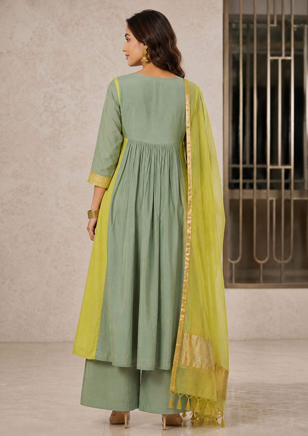 Pista Green Mul Chanderi 3 Piece A-Line Kurta Set – Handwork Embroidered Yoke with Pants and Dupatta, Cotton Lining, - Nakh Clothing