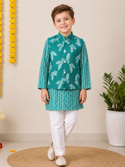 Boys Green Printed Cotton Kurta with Jacket and White Pants