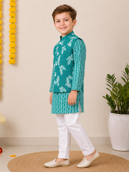 Boys Green Printed Cotton Kurta with Jacket and White Pants