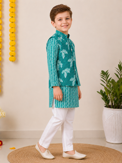 Boys Green Printed Cotton Kurta with Jacket and White Pants