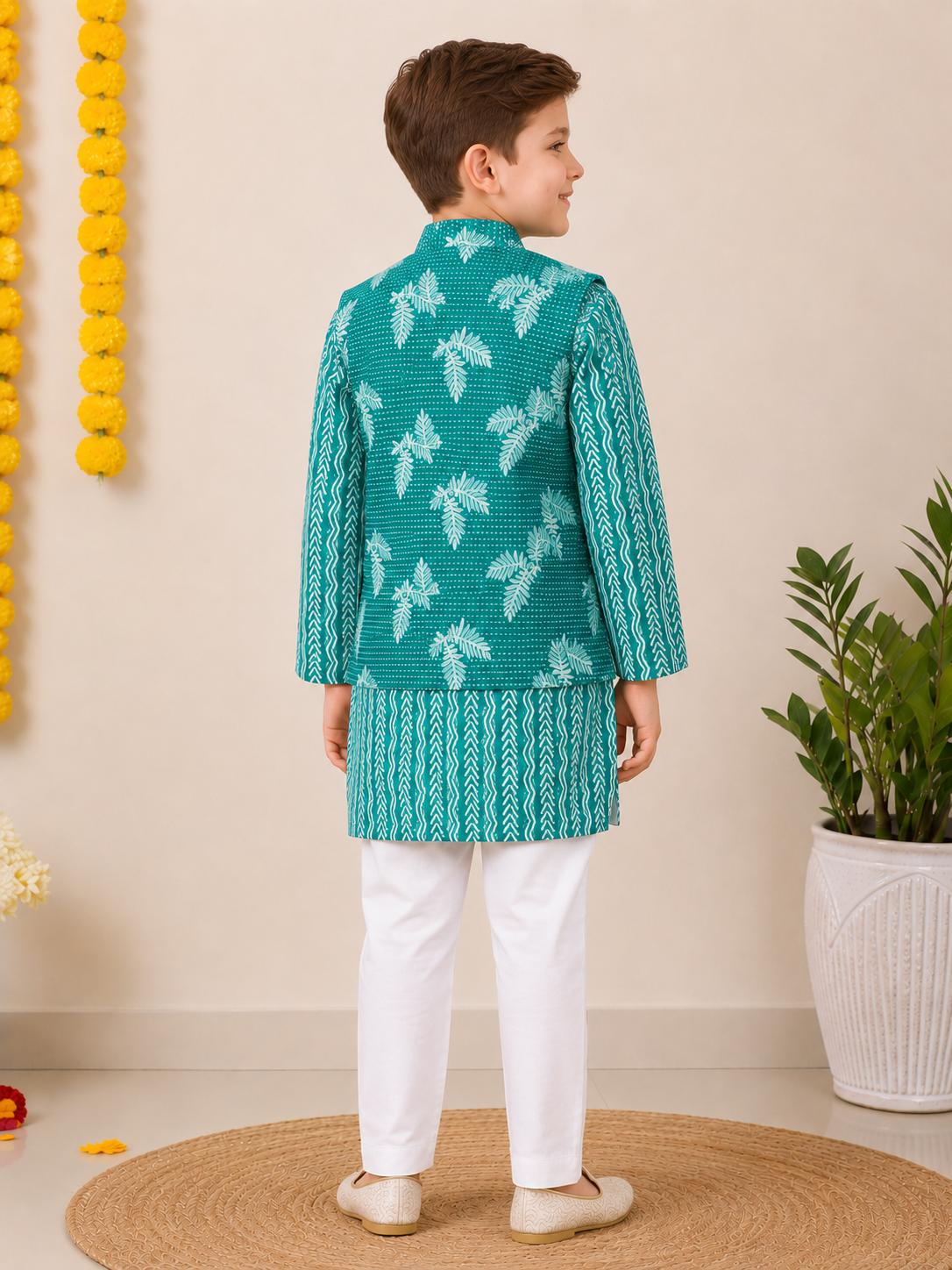 Boys Green Printed Cotton Kurta with Jacket and White Pants