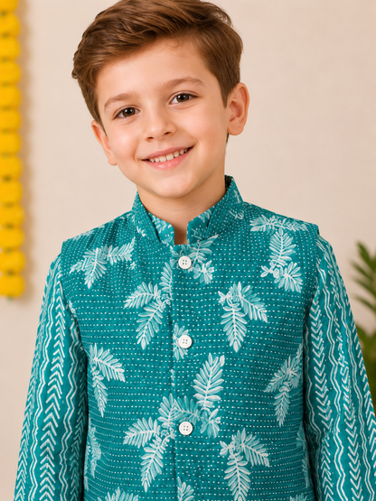 Boys Green Printed Cotton Kurta with Jacket and White Pants