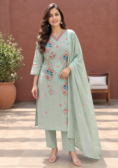 Green Hand-Painted & Hand-Embroidered Roman Silk 3PC Suit