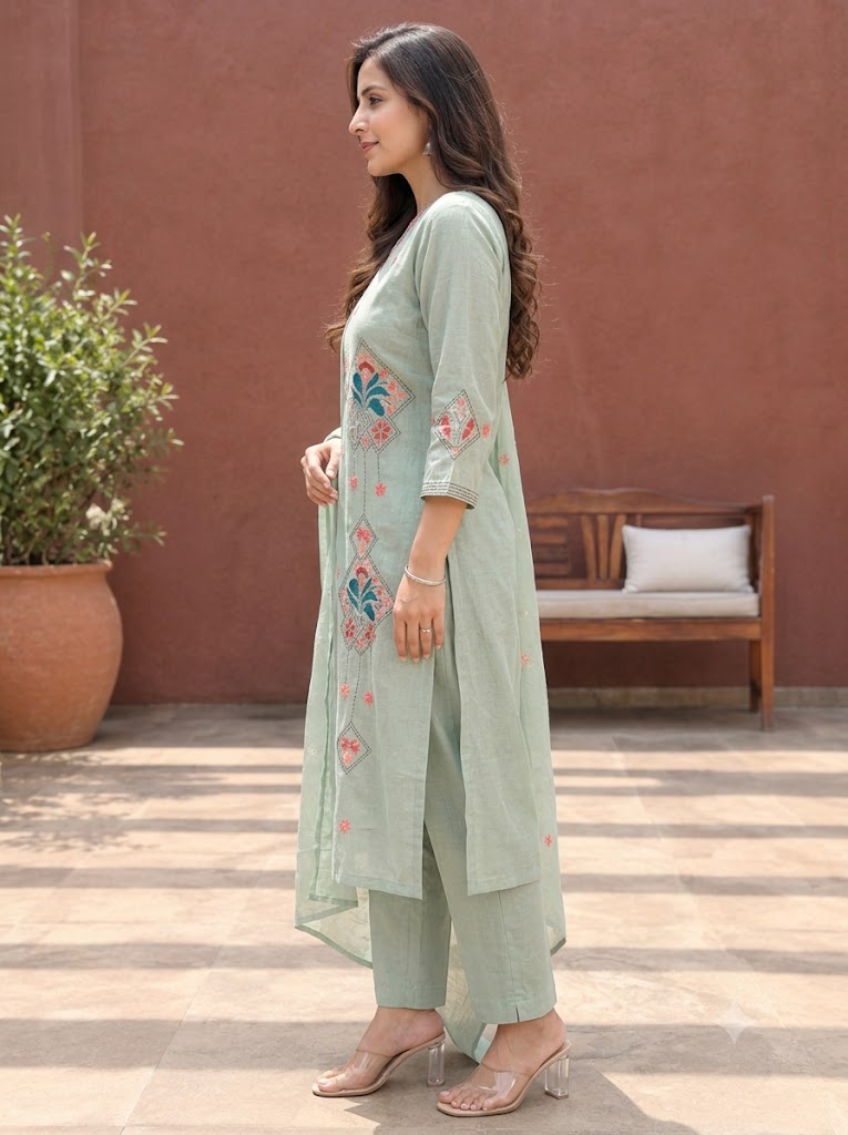 Green Hand-Painted & Hand-Embroidered Roman Silk 3PC Suit