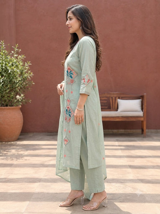 Green Hand-Painted & Hand-Embroidered Roman Silk 3PC Suit