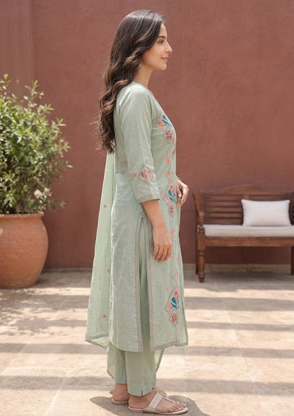 Green Hand-Painted & Hand-Embroidered Roman Silk 3PC Suit
