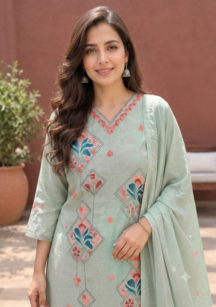 Green Hand-Painted & Hand-Embroidered Roman Silk 3PC Suit