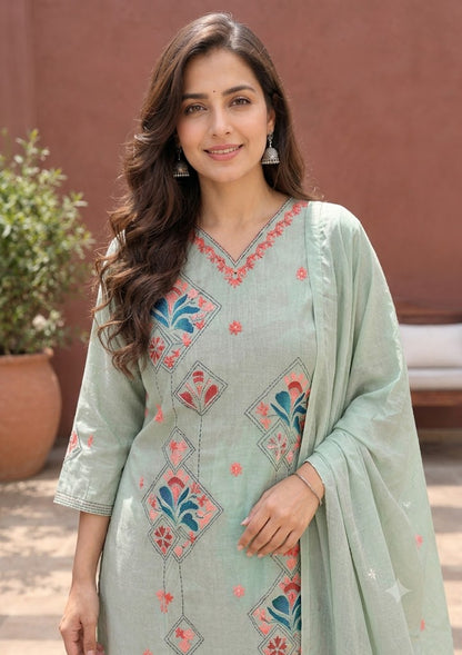 Green Hand-Painted & Hand-Embroidered Roman Silk 3PC Suit