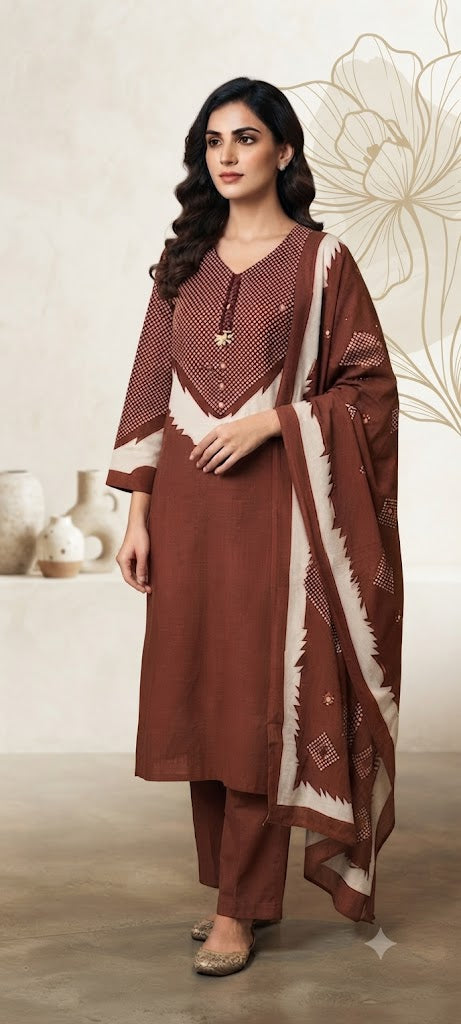 Brown Printed Cotton Suit Set with Dupatta | 3-Piece Kurta Pant Set for Women