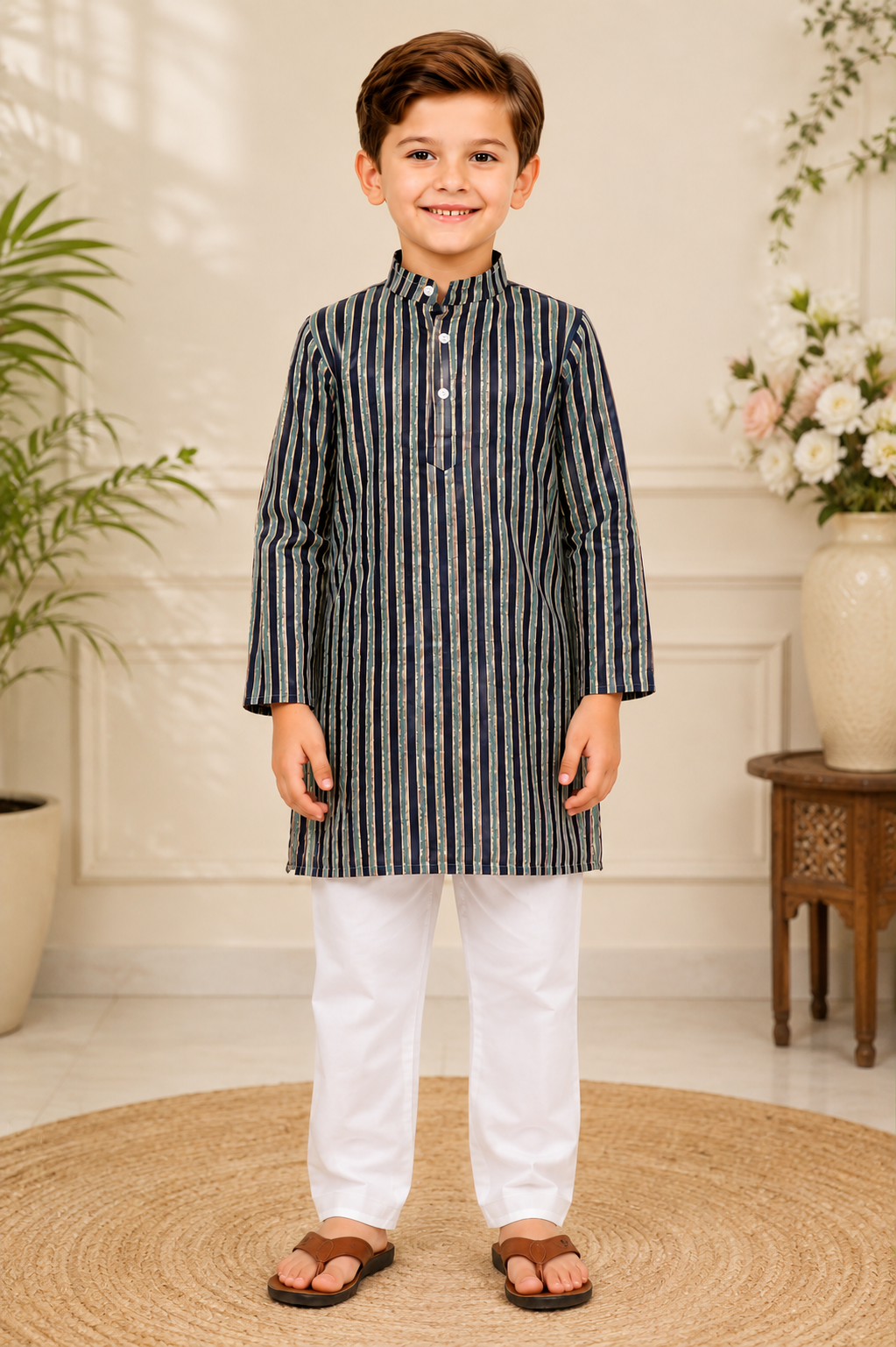 Boys Navy Striped Kurta with White Pyjama – Ethnic Wear Set"