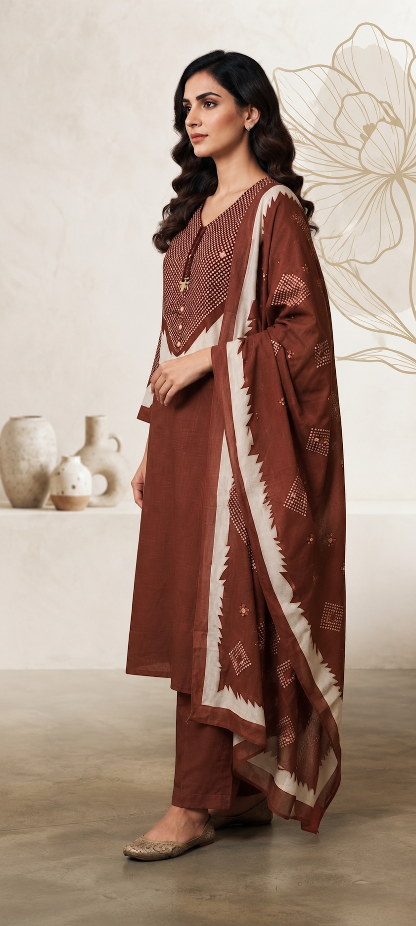 Brown Printed Cotton Suit Set with Dupatta | 3-Piece Kurta Pant Set for Women