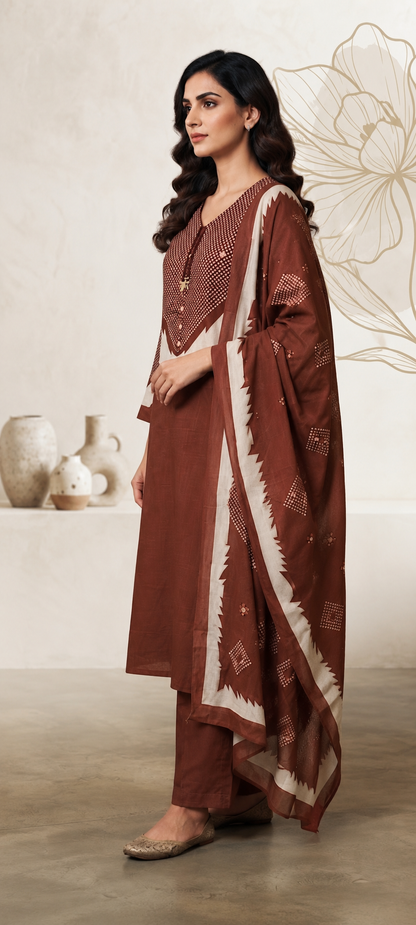 Brown Printed Cotton Suit Set with Dupatta | 3-Piece Kurta Pant Set for Women