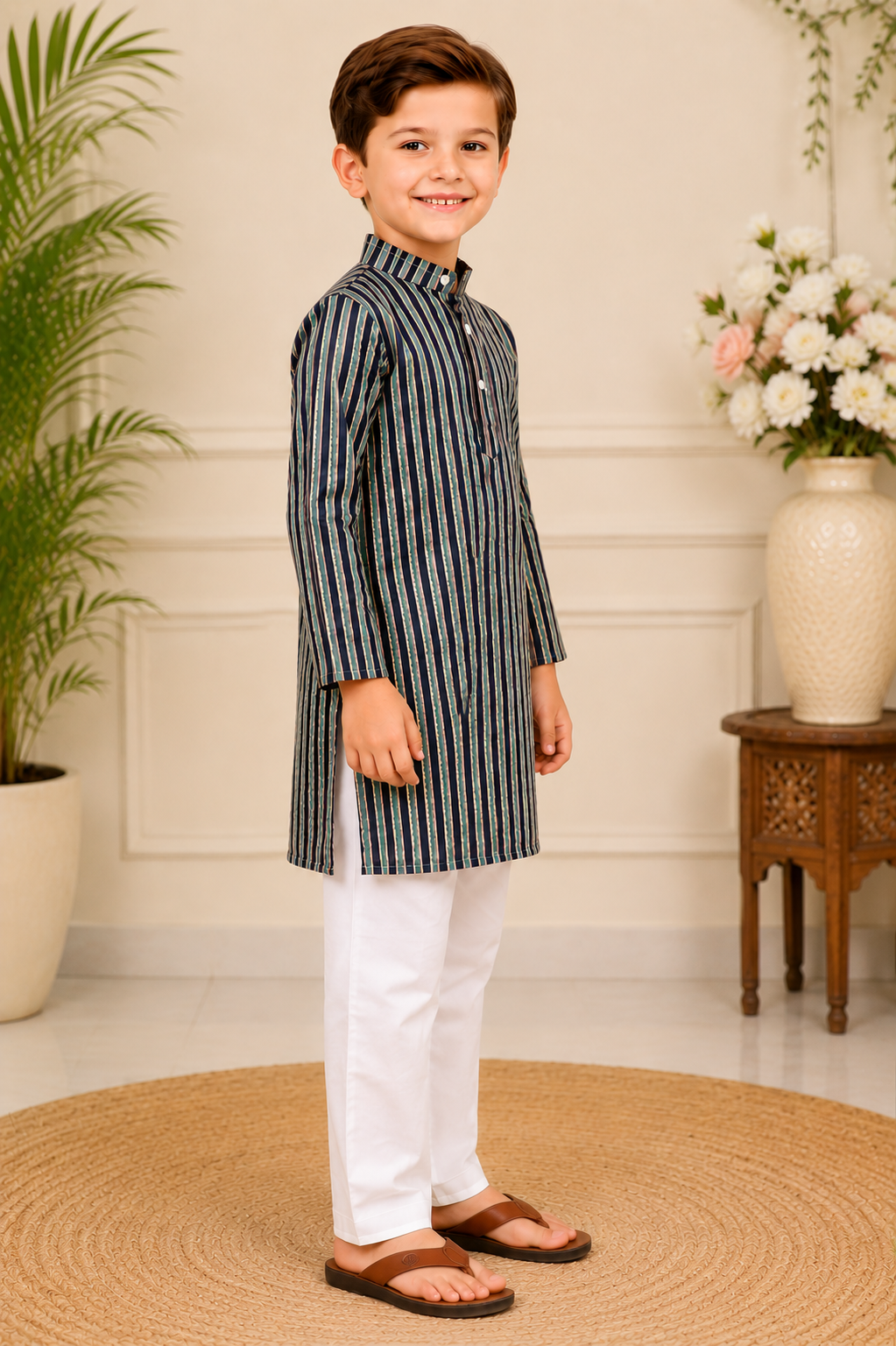 Boys Navy Striped Kurta with White Pyjama – Ethnic Wear Set"