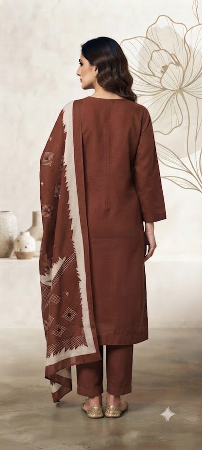 Brown Printed Cotton Suit Set with Dupatta | 3-Piece Kurta Pant Set for Women