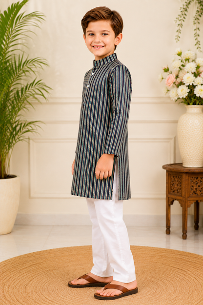 Boys Navy Striped Kurta with White Pyjama – Ethnic Wear Set"