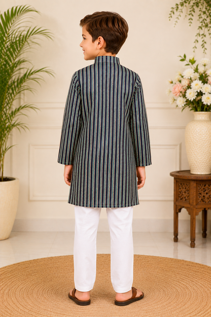 Boys Navy Striped Kurta with White Pyjama – Ethnic Wear Set"