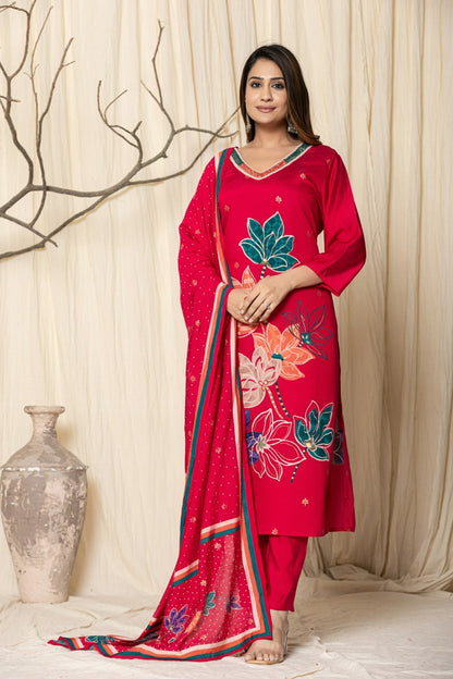 Elegant Digital Print Muslin Modal Suit Set with Intricate Handwork