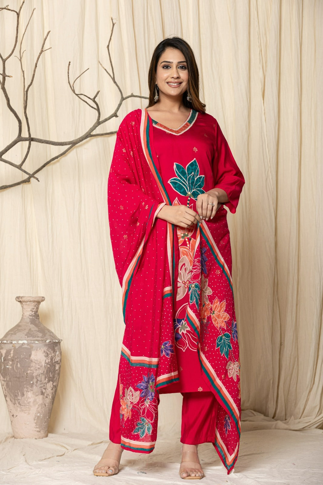 Elegant Digital Print Muslin Modal Suit Set with Intricate Handwork