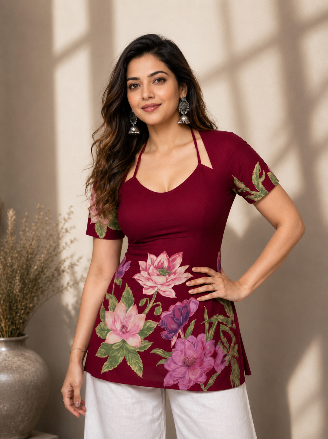 "Floral Print Cotton Top with Halter Neckline for Women"