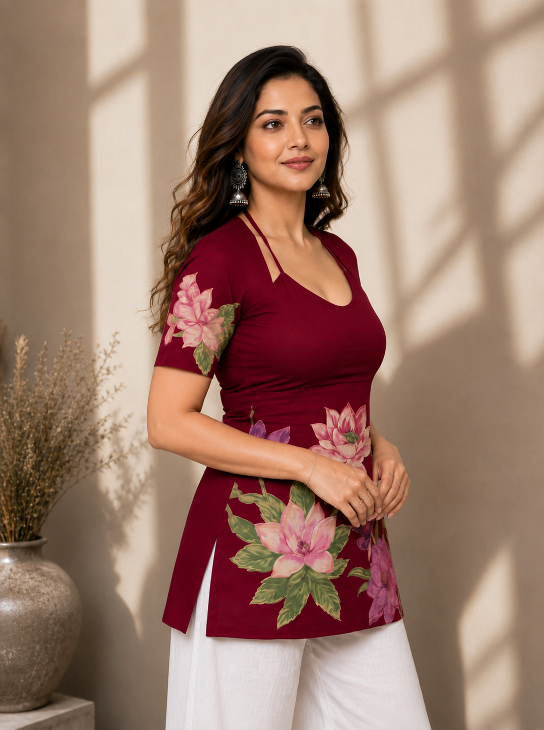 "Floral Print Cotton Top with Halter Neckline for Women"