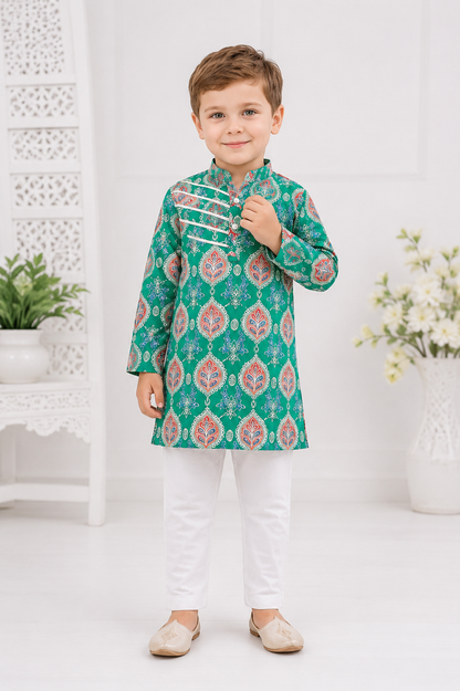 Boys Pure Cotton Green Printed Kurta Pyjama with Gota Work