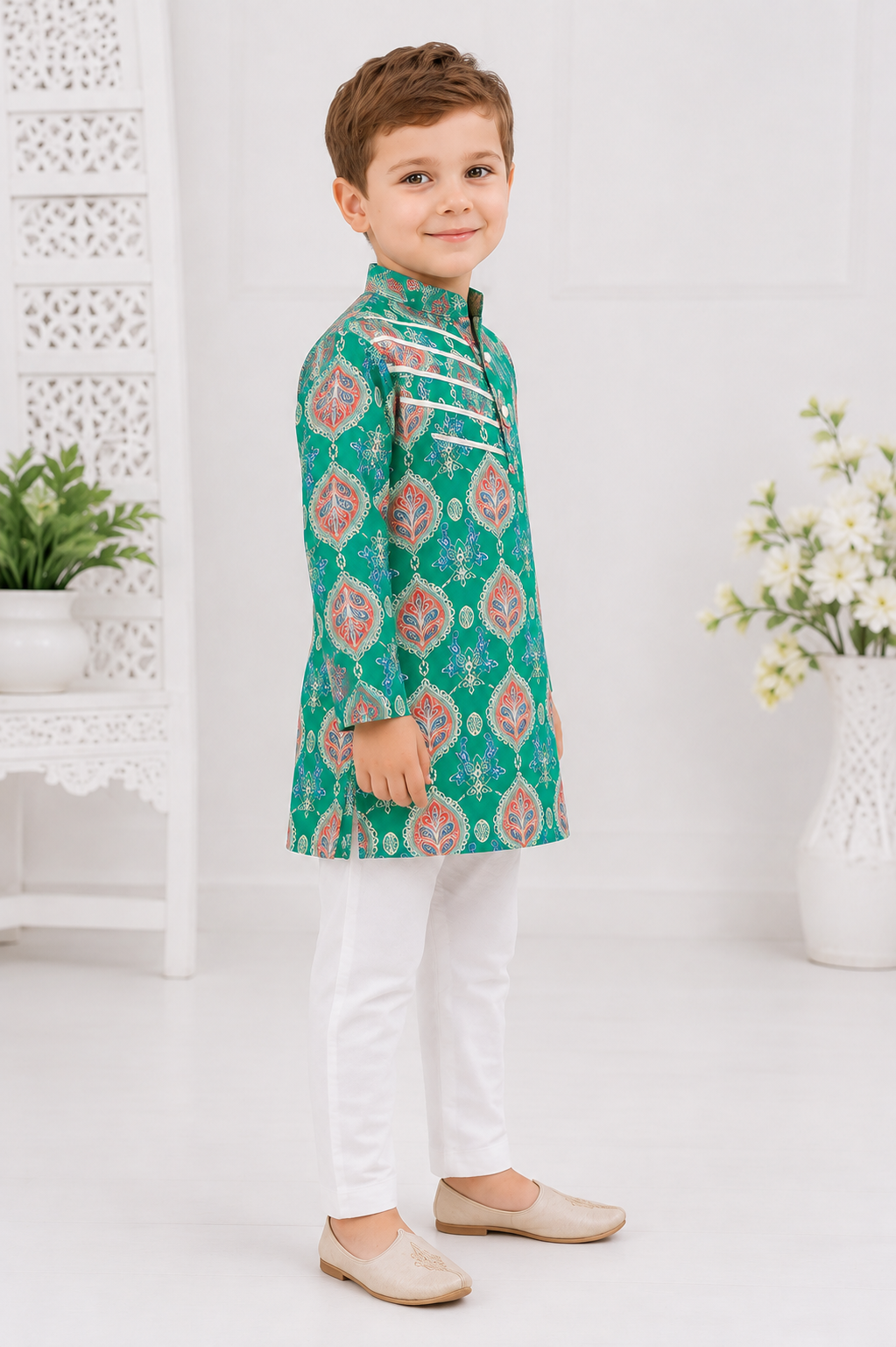 Boys Pure Cotton Green Printed Kurta Pyjama with Gota Work