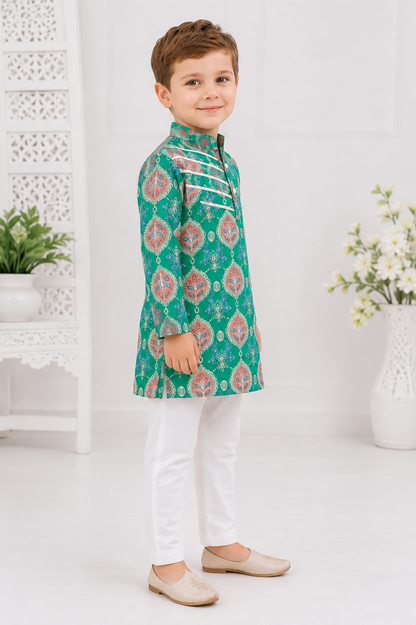 Boys Pure Cotton Green Printed Kurta Pyjama with Gota Work