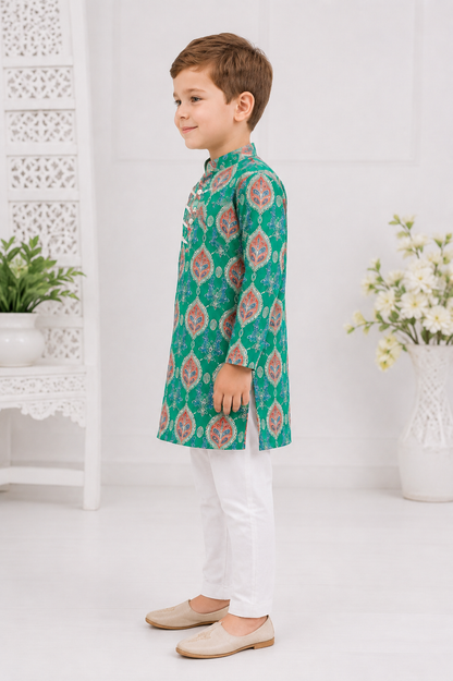 Boys Pure Cotton Green Printed Kurta Pyjama with Gota Work