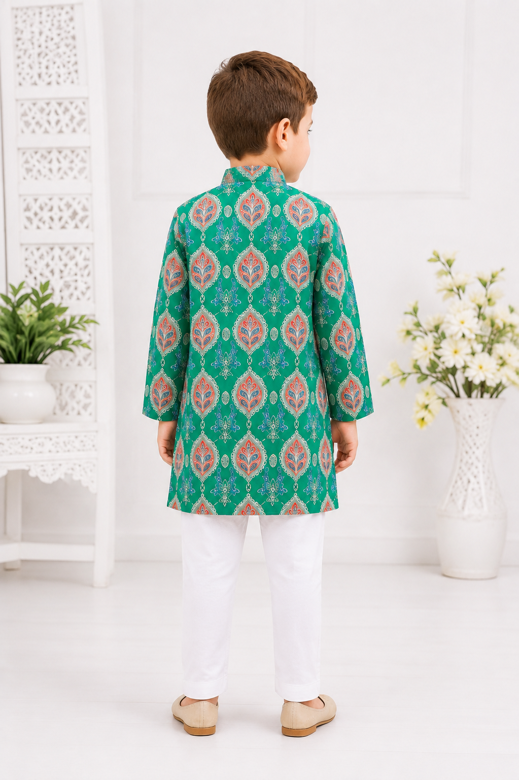 Boys Pure Cotton Green Printed Kurta Pyjama with Gota Work