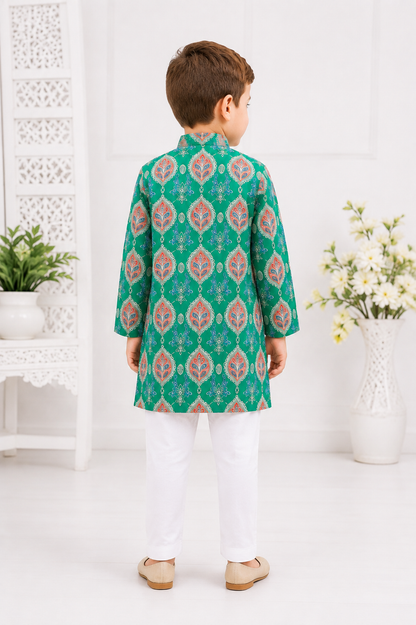 Boys Pure Cotton Green Printed Kurta Pyjama with Gota Work
