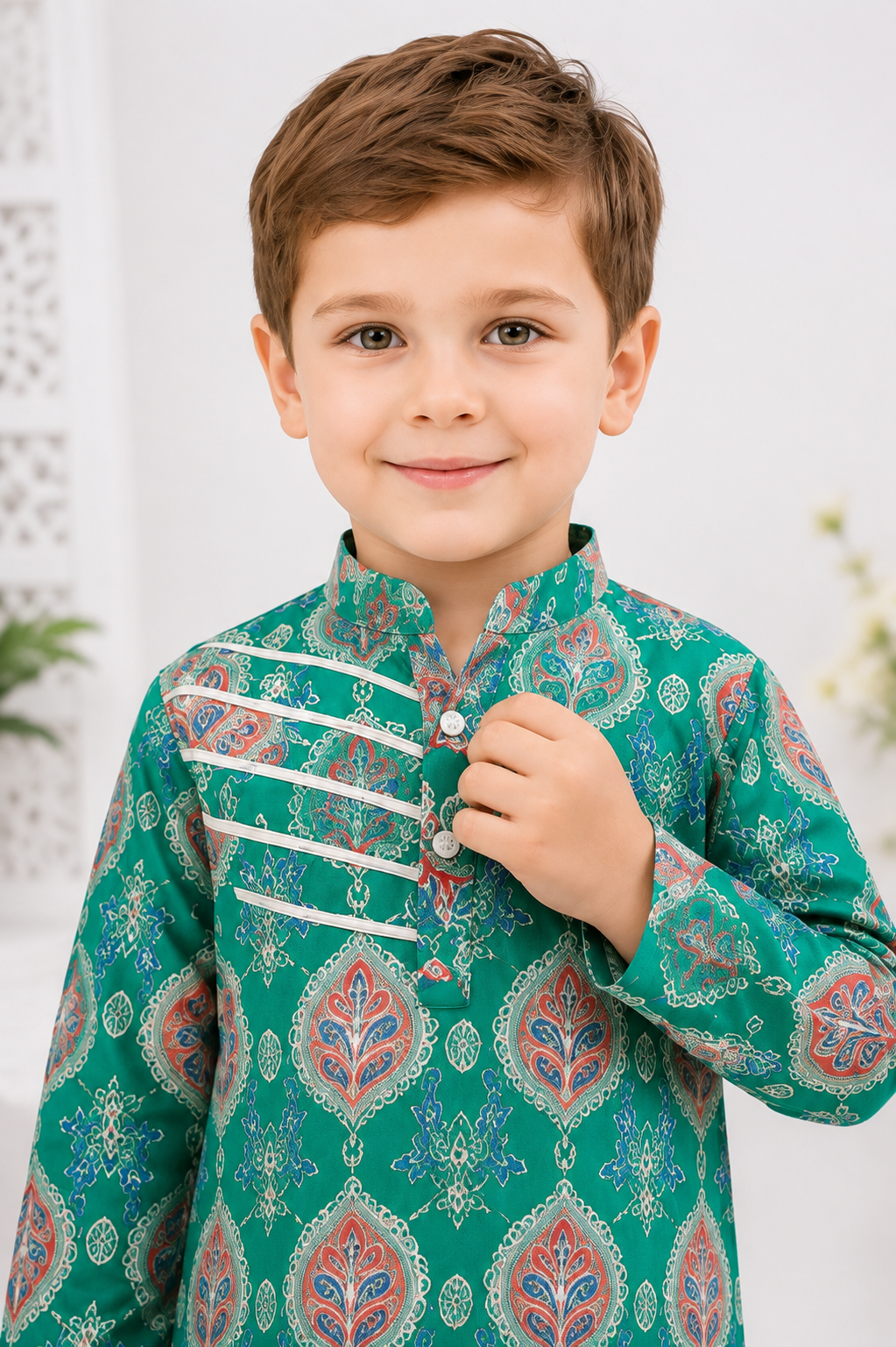 Boys Pure Cotton Green Printed Kurta Pyjama with Gota Work