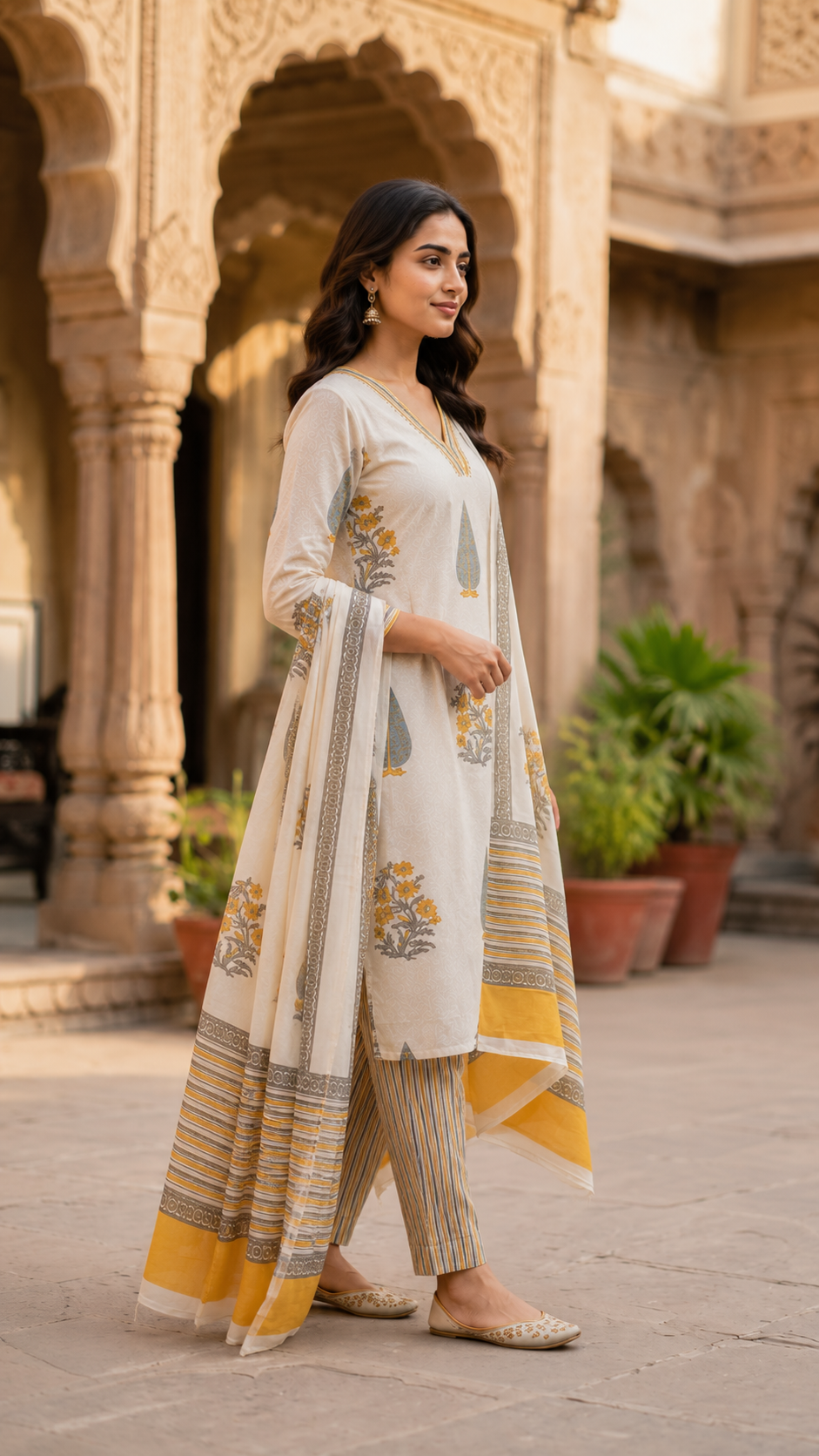 Women's Off-White Floral Block Print Cotton Kurta Pant Dupatta Set | 3-Piece Ethnic Suit