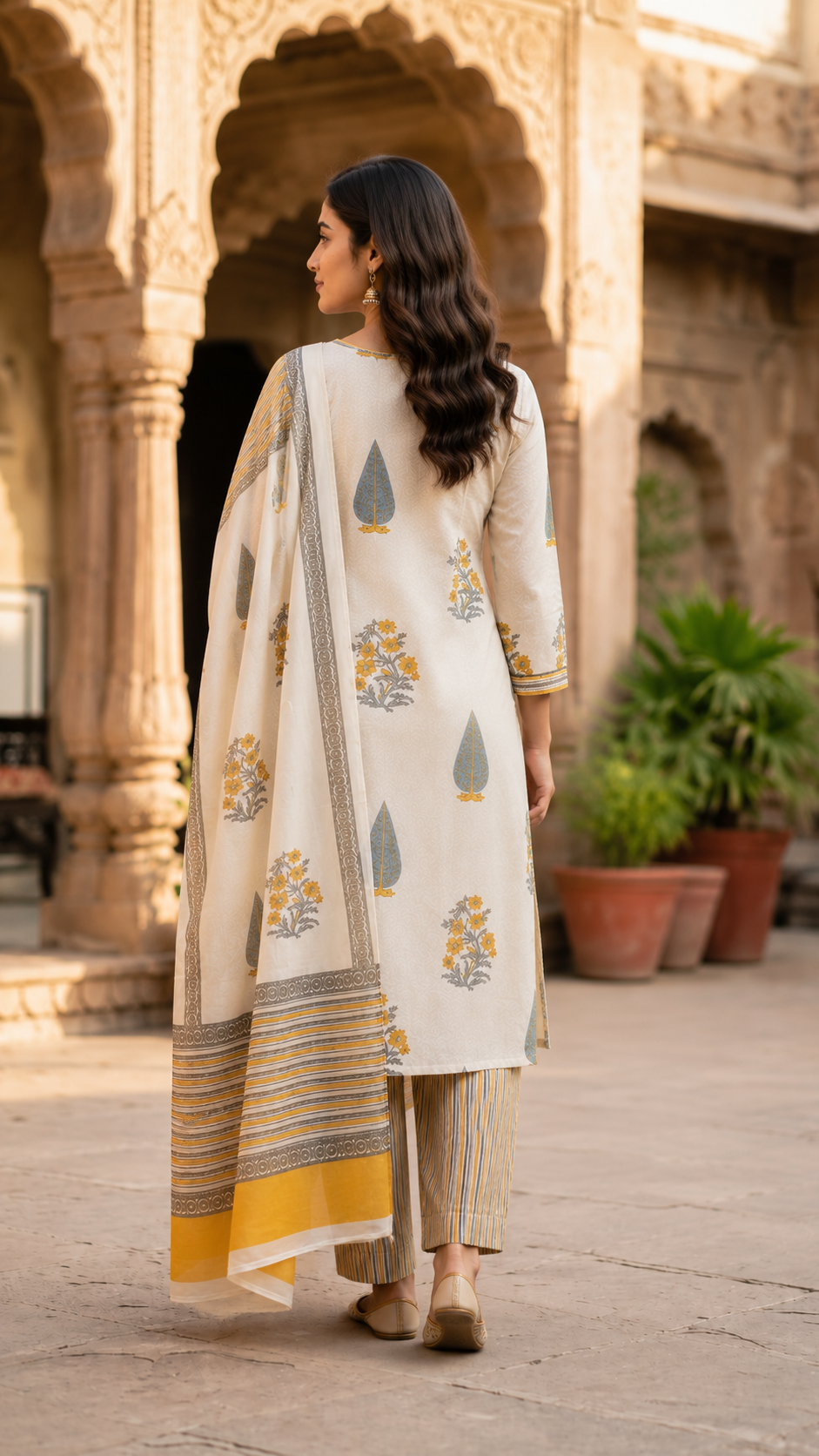 Women's Off-White Floral Block Print Cotton Kurta Pant Dupatta Set | 3-Piece Ethnic Suit