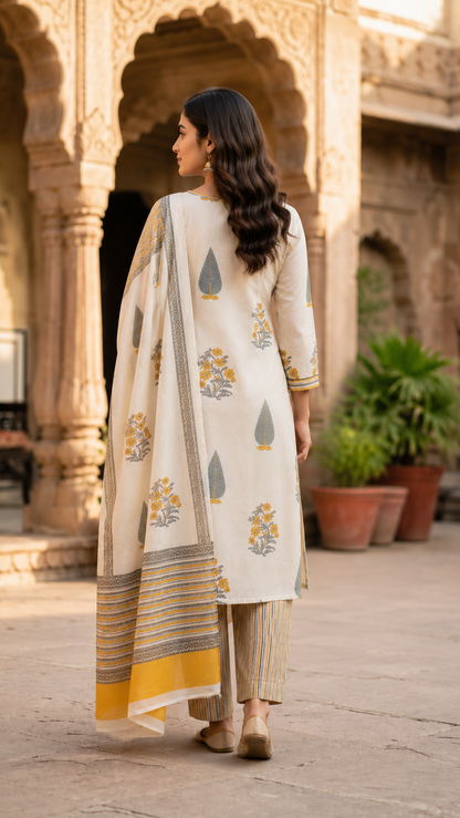 Women's Off-White Floral Block Print Cotton Kurta Pant Dupatta Set | 3-Piece Ethnic Suit