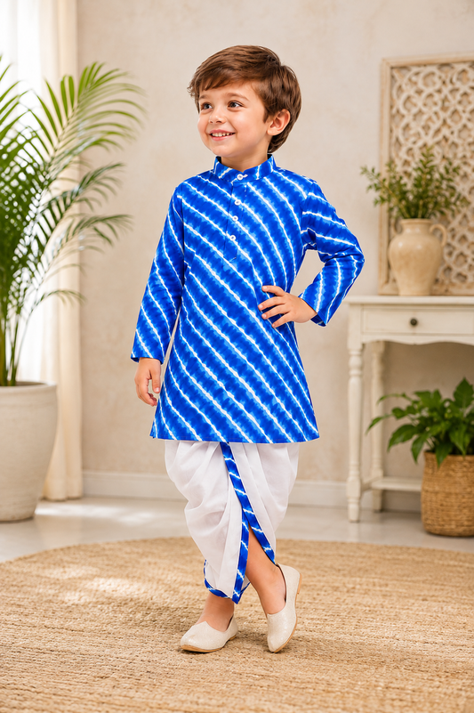 Boys Royal Blue Cotton Leheriya Print Kurta Dhoti Set