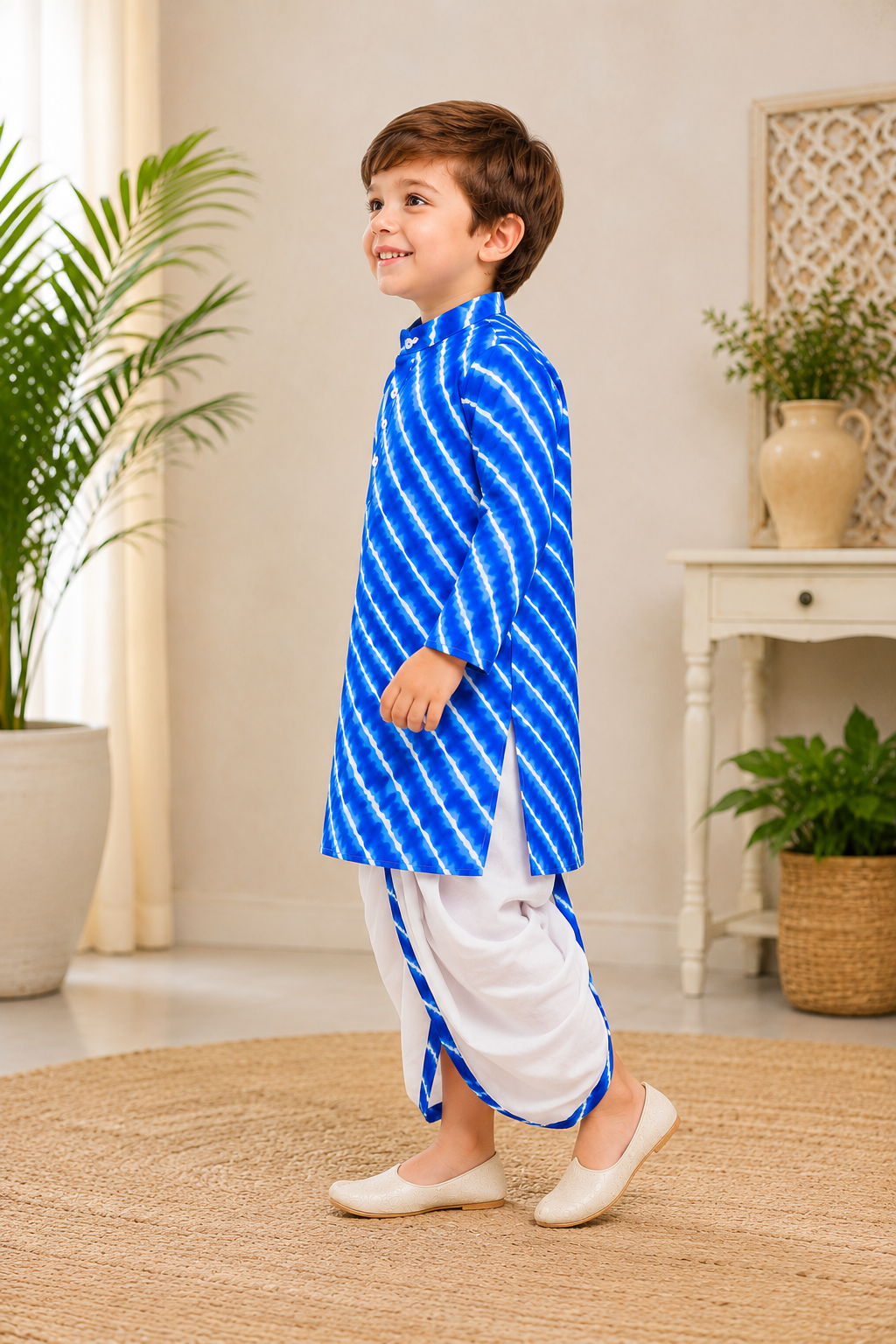 Boys Royal Blue Cotton Leheriya Print Kurta Dhoti Set - Nakh Clothing